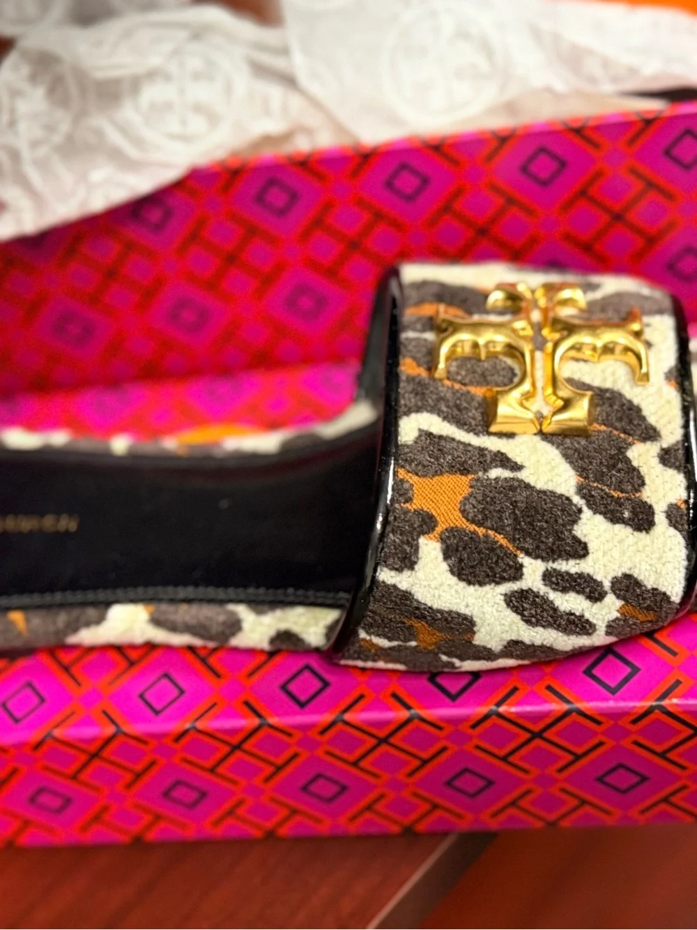 Tory Burch Leopard Calf-Hair Slide Sandals with Gold Logo